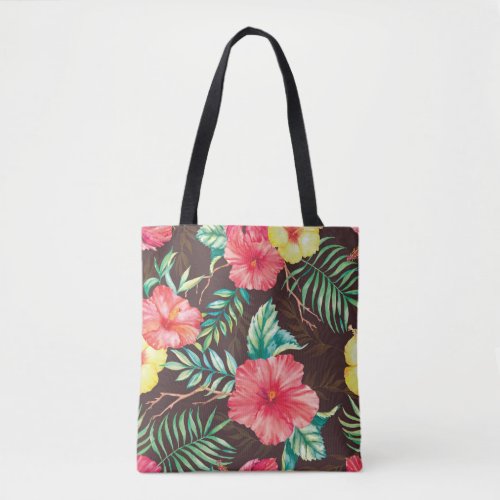 Colorful Tropical Flowers Dark Background Tote Bag