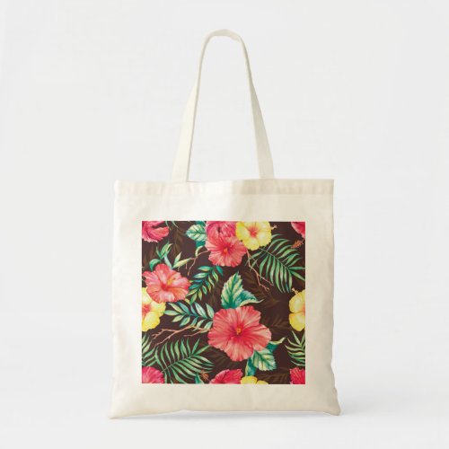 Colorful Tropical Flowers Dark Background Tote Bag