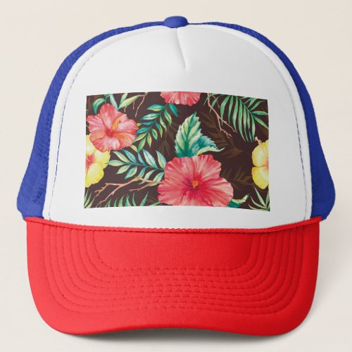 Colorful Tropical Flowers Dark Background Trucker Hat