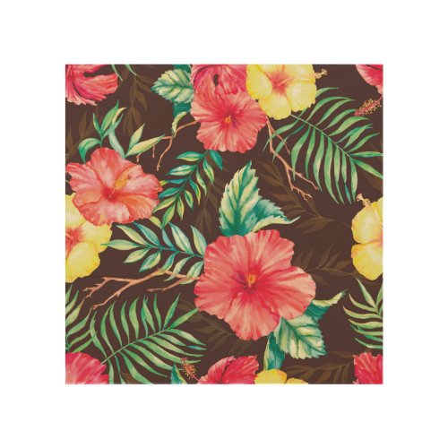 Colorful Tropical Flowers Dark Background Wood Wall Art