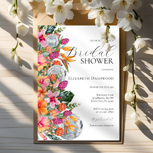 Colorful Tropical Flowers Disco Ball Bridal Shower Invitation