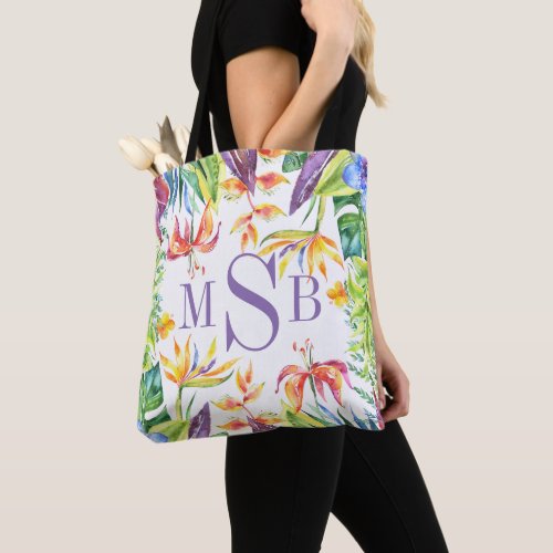 Colorful tropical flowers frame Monogram Tote Bag