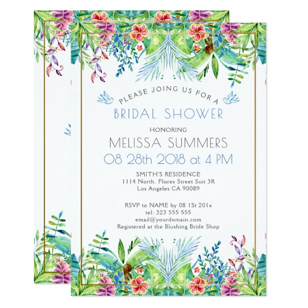 Colorful Tropical Flowers Gold Accent Invitation