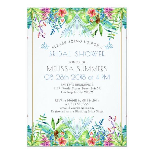 Colorful Tropical Flowers Gold Accent Invitation