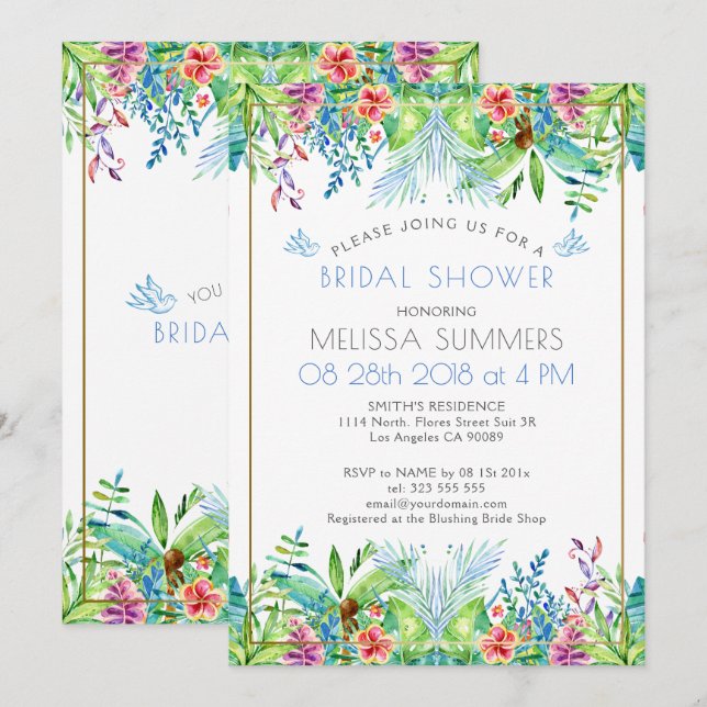 Colorful Tropical Flowers Gold Accent Invitation (Front/Back)