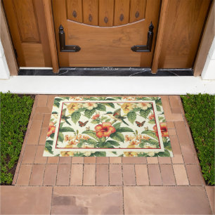 Colorful Tropical Flowers Hummingbird Doormat