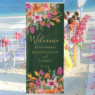 Colorful Tropical Flowers Jewel Tone Wedding Retractable Banner