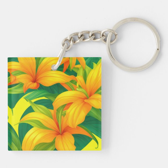 Colorful Tropical Flowers  Keychain (Back)