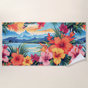 Colorful Tropical Flowers & Landscape Beach Towel