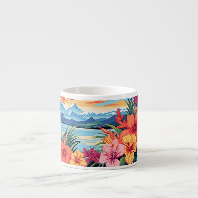 Colorful Tropical Flowers & Landscape Espresso Cup (Front)