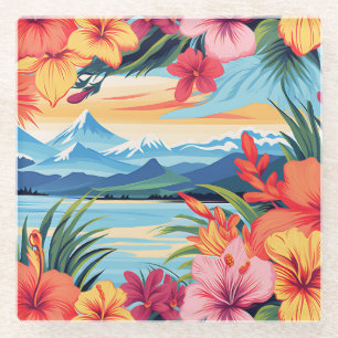 Colorful Tropical Flowers & Landscape Glass Coaster