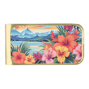 Colorful Tropical Flowers & Landscape Gold Finish Money Clip