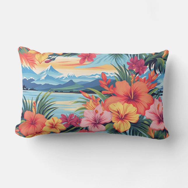 Colorful Tropical Flowers & Landscape Lumbar Pillow (Front)