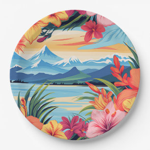 Colorful Tropical Flowers & Landscape Paper Plates