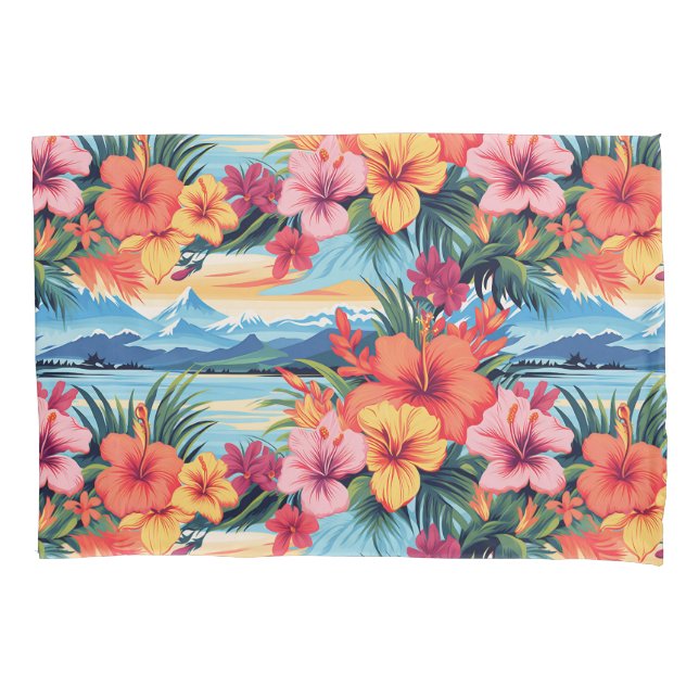 Colorful Tropical Flowers & Landscape Pillow Case (Front)