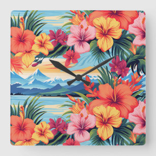 Colorful Tropical Flowers & Landscape Square Wall Clock