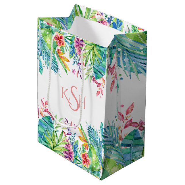 Colorful Tropical Flowers & Leafs Medium Gift Bag (Front Angled)