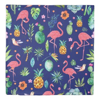 Colorful Tropical Flowers, Leafs &amp; Pink Flamingos