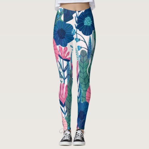 Colorful tropical flowers  leaves collage leggings