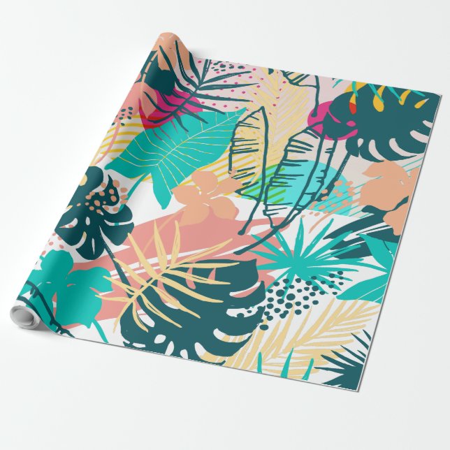 Colorful tropical flowers & leaves collage wrapping paper (Unrolled)