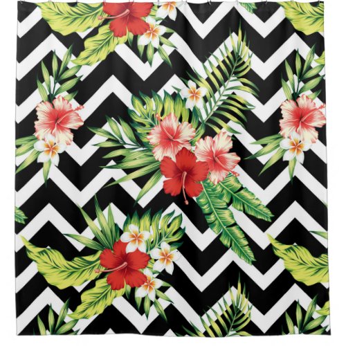 Colorful Tropical Flowers Modern Chevron Pattern Shower Curtain