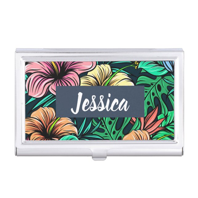 Colorful Tropical Flowers Modern Personalised Business Card Case (Front)