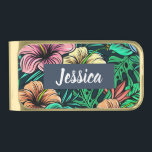 Colorful Tropical Flowers Modern Personalised Gold Finish Money Clip<br><div class="desc">Colorful tropical flowers pattern with modern personalisation.</div>