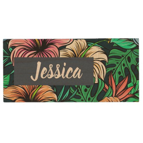 Colorful Tropical Flowers Modern Personalised Wood Flash Drive
