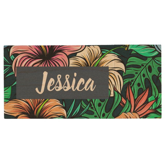Colorful Tropical Flowers Modern Personalised Wood Flash Drive (Front)
