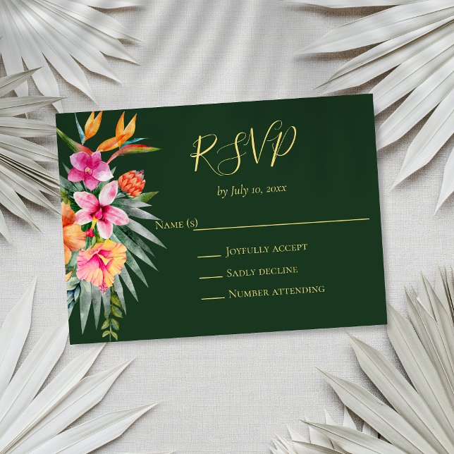 Colorful Tropical Flowers Orange Pink Wedding RSVP Card (Creator Uploaded)