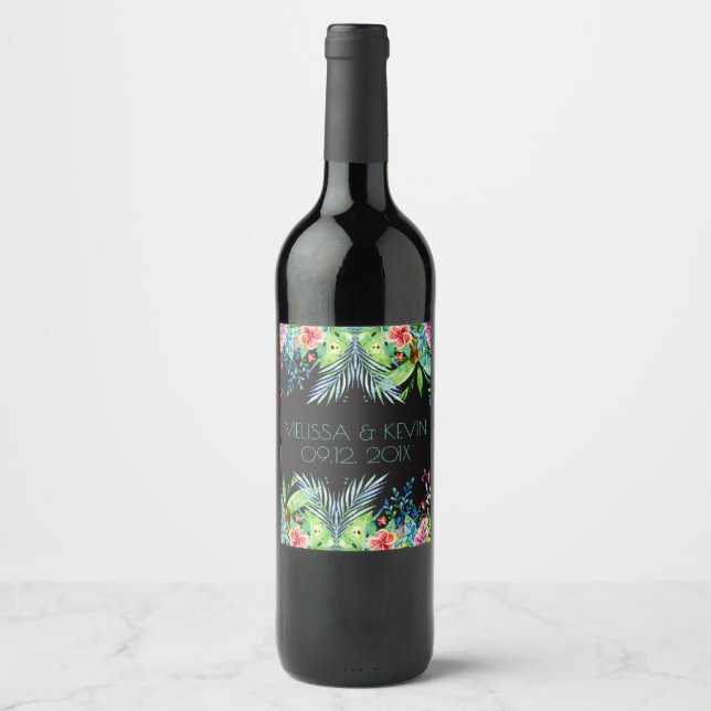 Colorful Tropical Flowers Our Wedding Day Wine Label (Front)