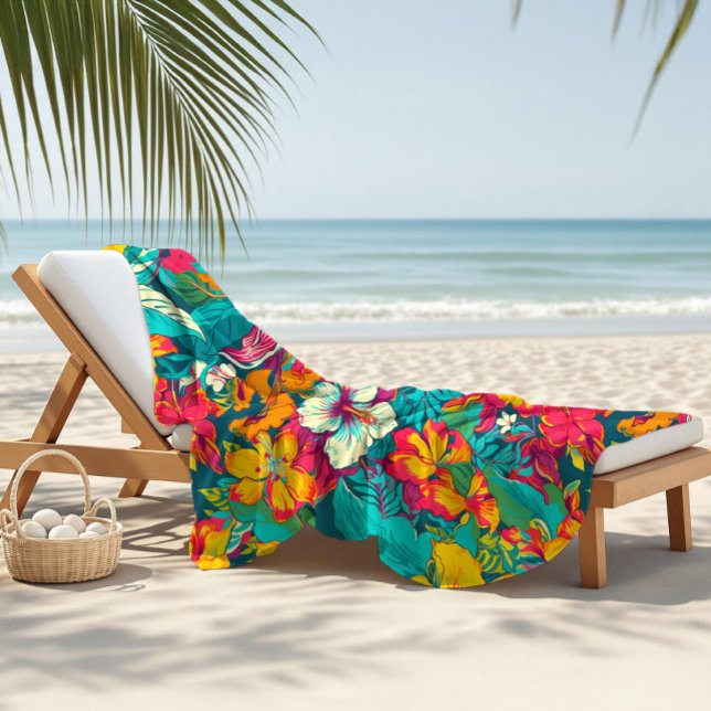 Colorful Tropical Flowers Pattern Beach Towel (Creator Uploaded)