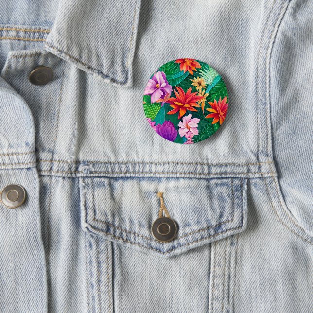 Colorful Tropical Flowers Pattern  Button (In Situ)