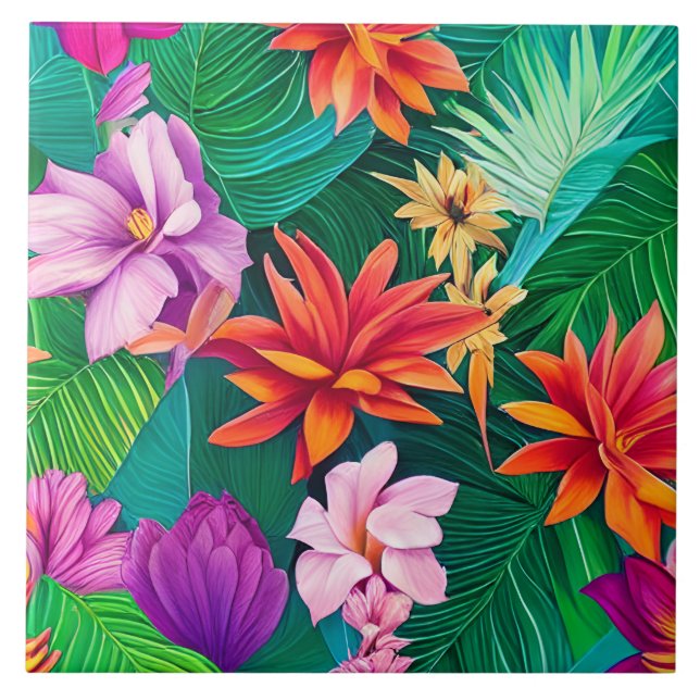 Colorful Tropical Flowers Pattern  Ceramic Tile (Front)
