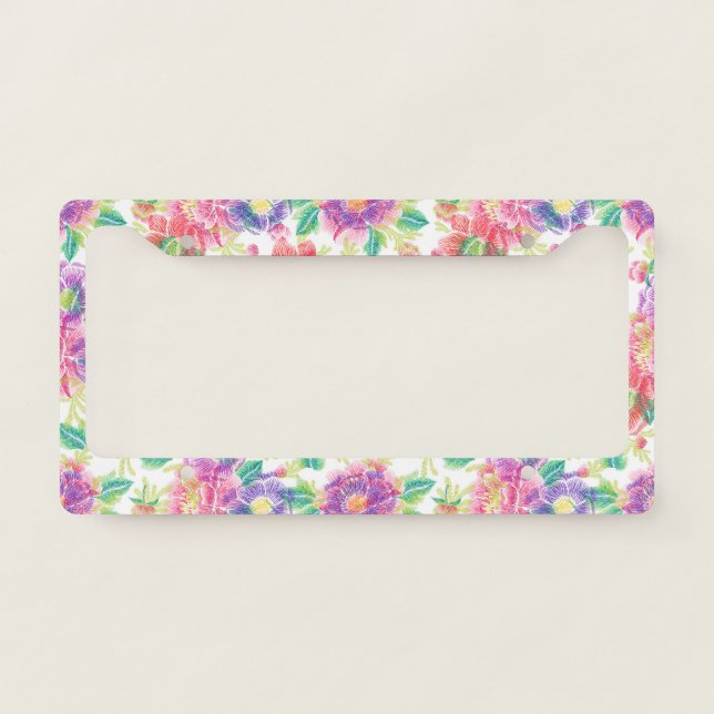 Colorful Tropical Flowers Pattern License Plate Frame (Front)