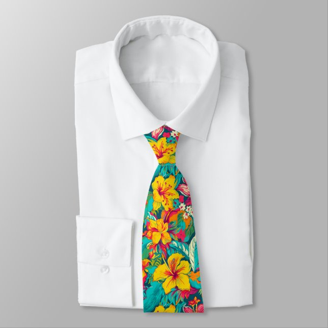 Colorful Tropical Flowers Pattern Neck Tie (Tied)