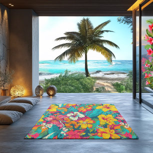 Colorful Tropical Flowers Pattern Outdoor Rug