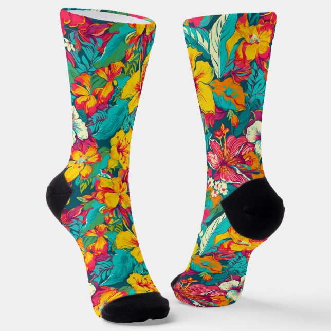Colorful Tropical Flowers Pattern Socks (Angled)