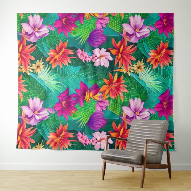 Colorful Tropical Flowers Pattern  Tapestry (In Situ (Horizontal))