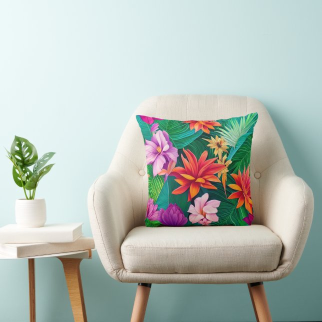 Colorful Tropical Flowers Pattern Throw Pillow (Chair)
