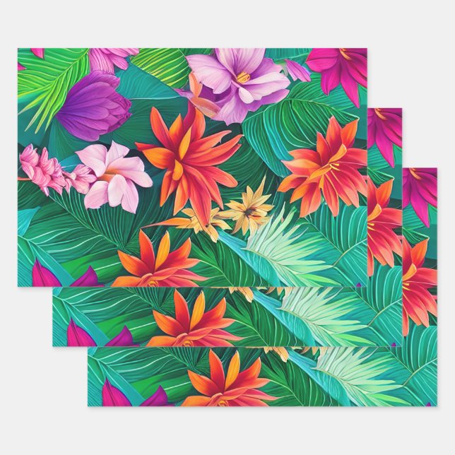 Colorful Tropical Flowers Pattern  Wrapping Paper Sheets (Set)