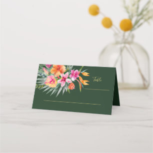 Colorful Tropical Flowers Pink & Orange Wedding Place Card