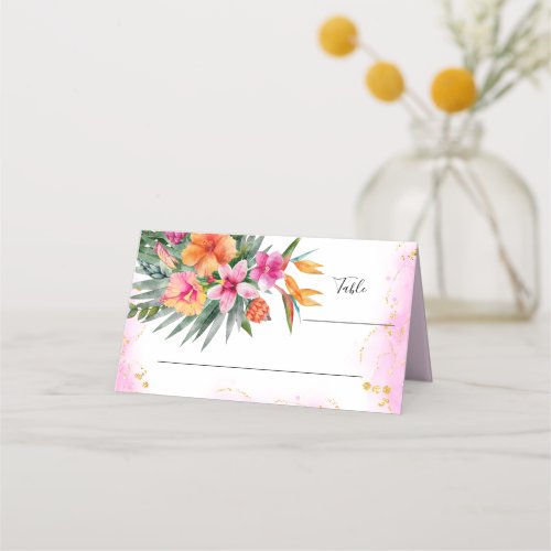 Colorful Tropical Flowers Pink  Orange Wedding Place Card