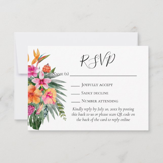 Colorful Tropical Flowers QR Code Wedding RSVP (Front)