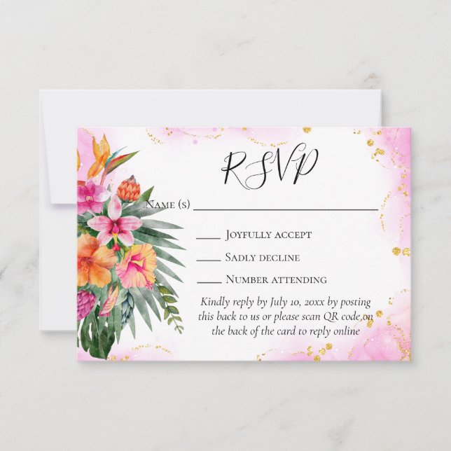 Colorful Tropical Flowers QR Code Wedding RSVP Card (Front)