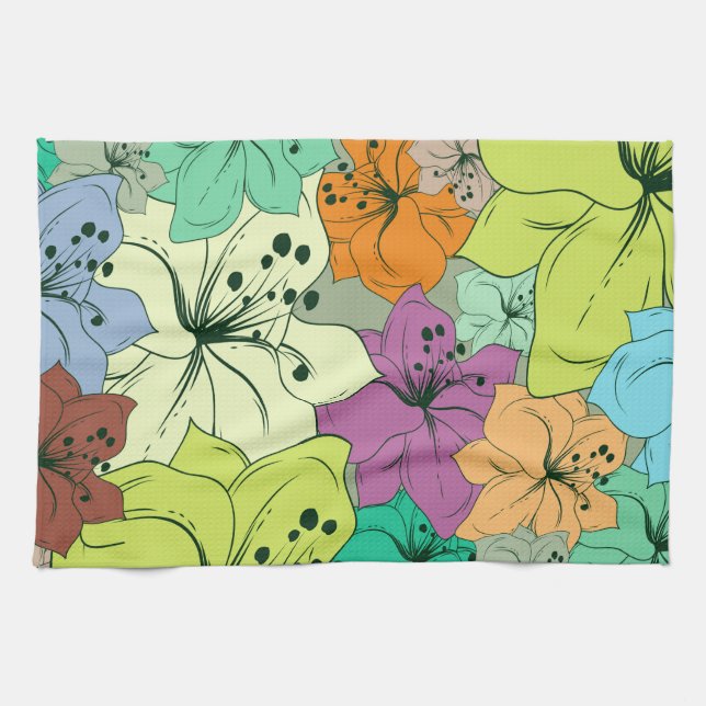 Colorful Tropical Flowers Seamless Pattern Kitchen Towel (Horizontal)