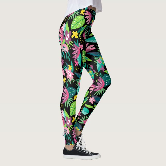 Colorful Tropical Flowers Seamless Pattern Leggings (Right)