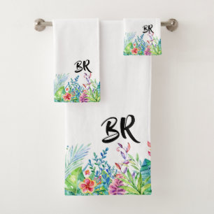 Colorful Tropical Flowers & Typography Monogram Bath Towel Set