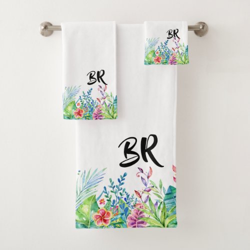 Colorful Tropical Flowers  Typography Monogram Bath Towel Set