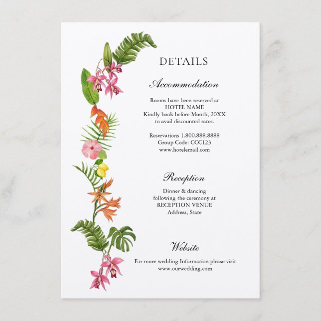 Colorful Tropical flowers Wedding details Enclosure Card (Front)